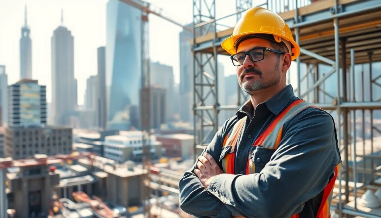 Manhattan General Contractor supervising construction with vibrant skyline backdrop.