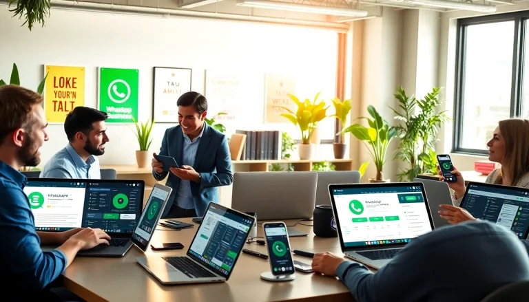 Maximize communication efficiency with WhatsApp Business CRM on various devices in a modern office setting.