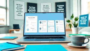 Build a professional resume using the innovative Resume Builder on a laptop in a modern office setting.