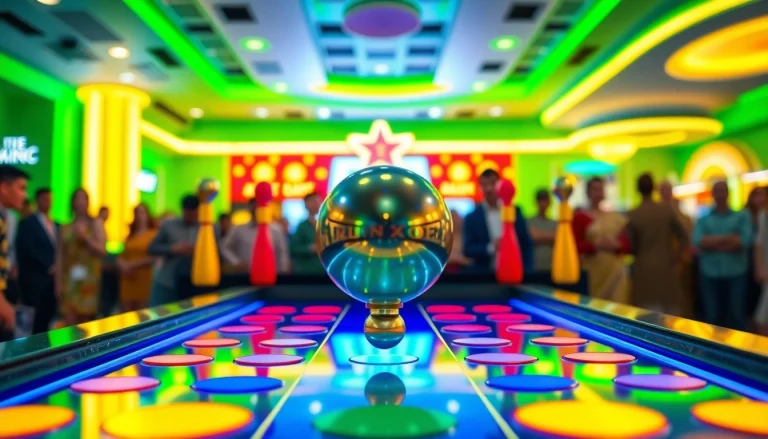 Slot plinko game dengan bola jatuh menengah dan latar belakang kasino yang ramai