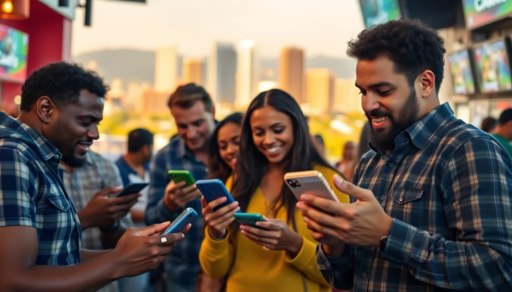 Engaging scene of online sports betting California with enthusiastic participants using mobile apps.