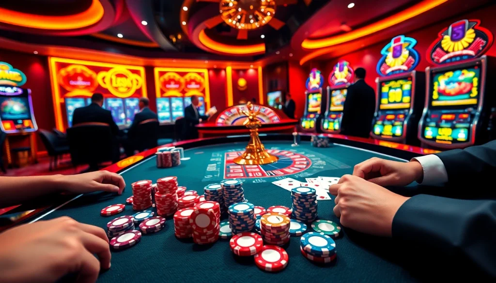 A lively casino scene with poker chips and cards animatedly engaging players, referencing https://www.6rwin33.com/ for thrilling gambling activities.