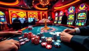 A lively casino scene with poker chips and cards animatedly engaging players, referencing https://www.6rwin33.com/ for thrilling gambling activities.