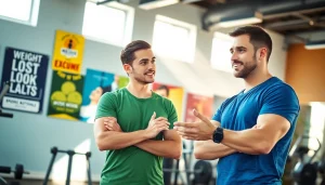 Coach guiding a client to conquer their weight loss plateau with encouragement in a vibrant gym.