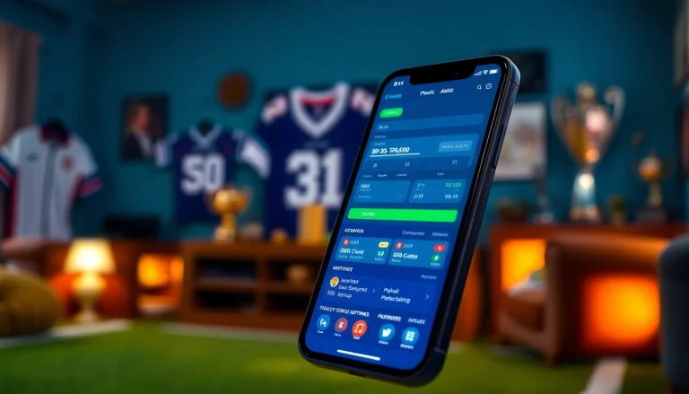 Engaging smartphone display for online sports betting Alabama featuring app interface and sports memorabilia.
