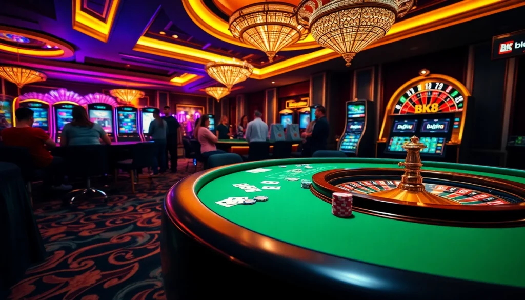 Excited players engaging with bk8 casino tables featuring cards and poker chips.