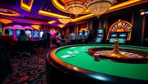 Excited players engaging with bk8 casino tables featuring cards and poker chips.