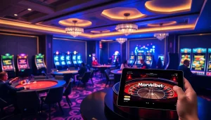Marvelbet players engaging at a high-stakes poker table while enjoying casino excitement.