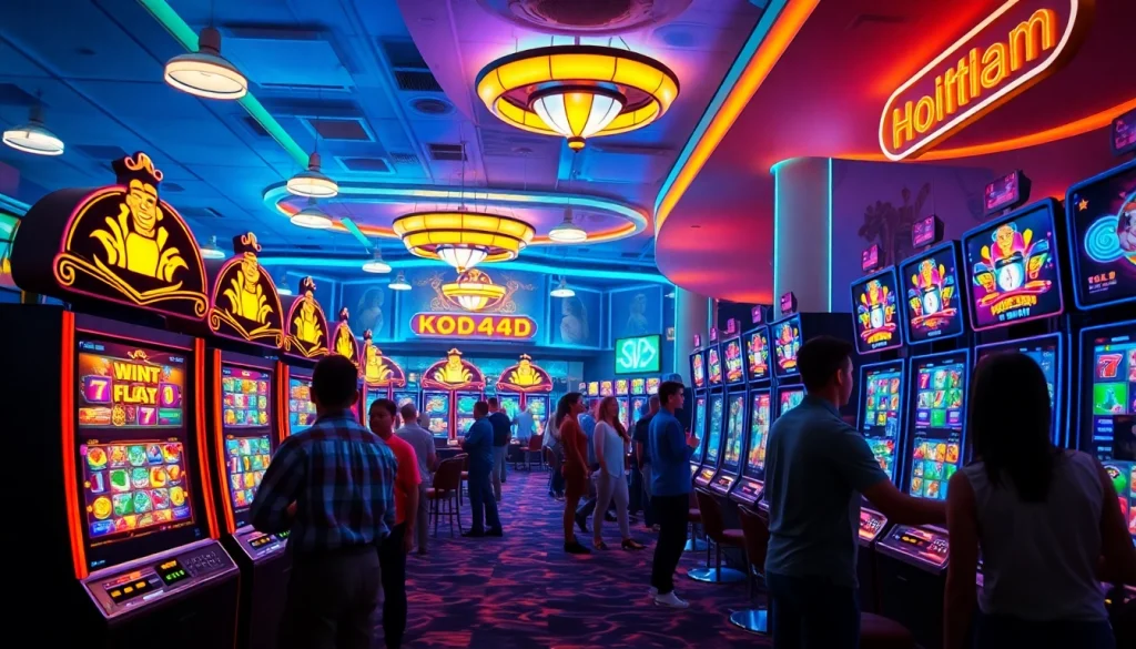 Kode4d slot vibrant online gaming experience with players and colorful slot machines.