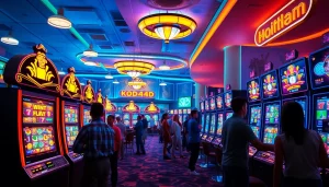 Kode4d slot vibrant online gaming experience with players and colorful slot machines.