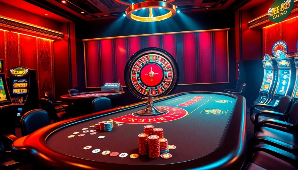 EE88 players celebrating a big win at a lively casino with colorful chips and roulette wheel.