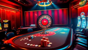 EE88 players celebrating a big win at a lively casino with colorful chips and roulette wheel.