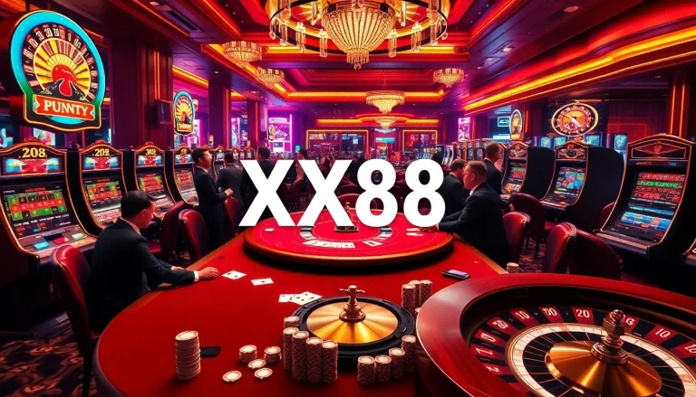 XX88 gaming scene showcases high-stakes poker with players and vibrant slot machines.