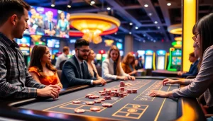 Experience thrilling games at Canada online casinos, showcasing vibrant gaming tables and excited players.