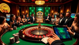 tk88 players enjoying a thrilling roulette game with vibrant casino lights.