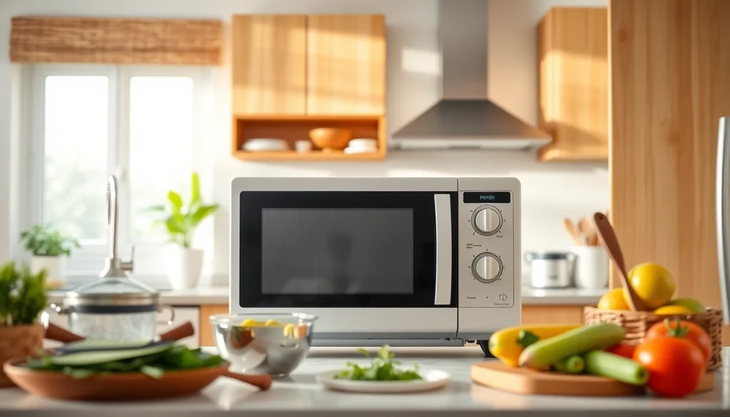An affordable microwave oven displayed in a bright kitchen with modern decor, showcasing a clean and inviting environment.