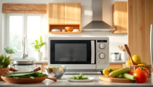 An affordable microwave oven displayed in a bright kitchen with modern decor, showcasing a clean and inviting environment.