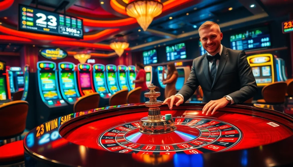 23win casino scene featuring vibrant roulette table and colorful chips in an elegant setting.