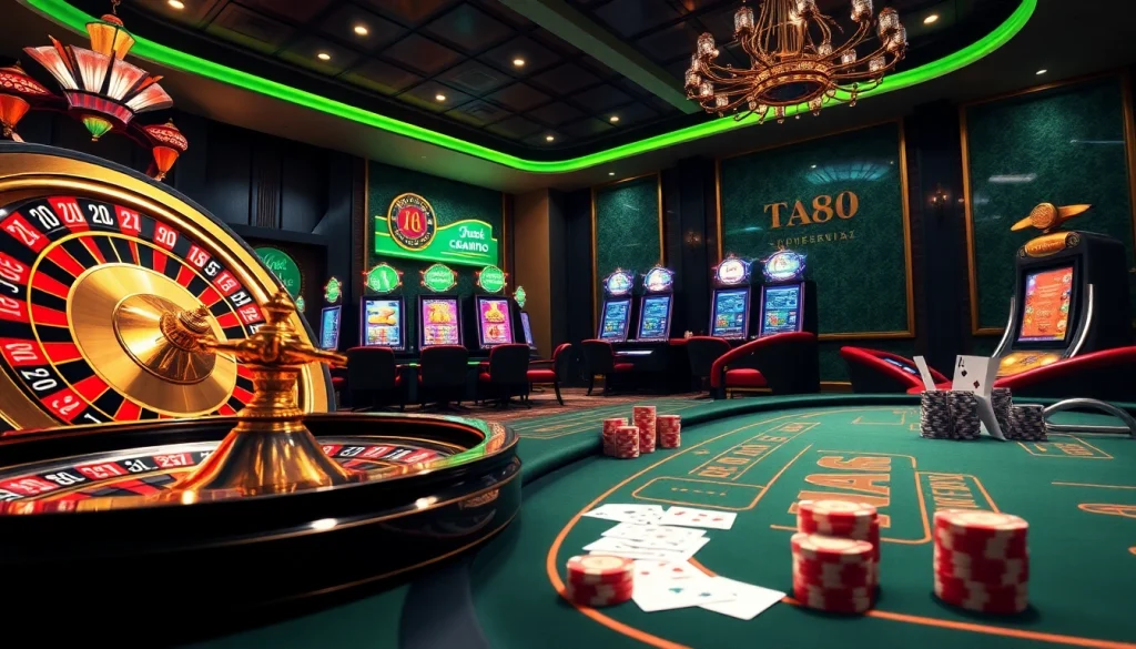 Experience thrilling online gambling with TA88, featuring vibrant slot machines and roulette wheels.