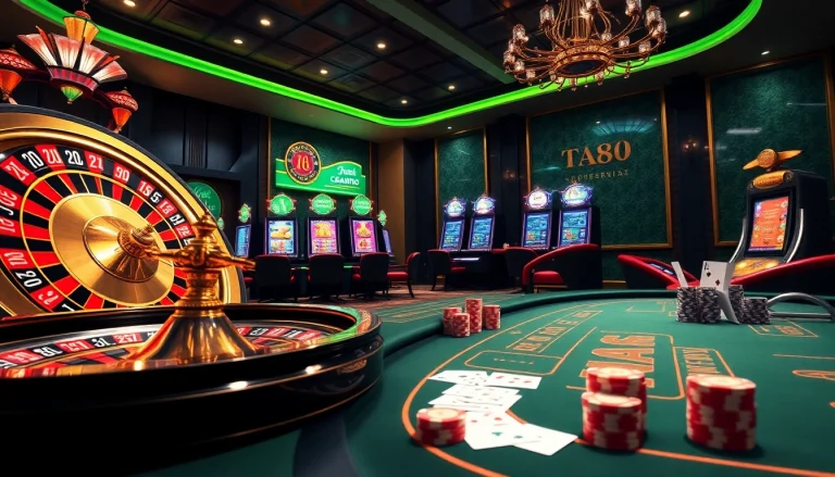 Experience thrilling online gambling with TA88, featuring vibrant slot machines and roulette wheels.