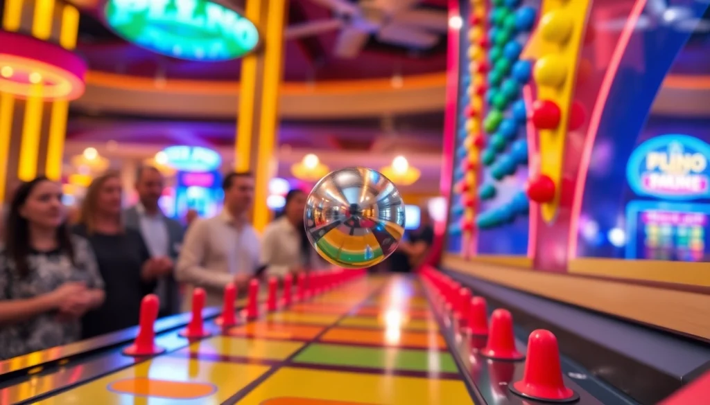 Permainan situs plinko dengan bola berkilau jatuh melalui papan berwarna-warni.