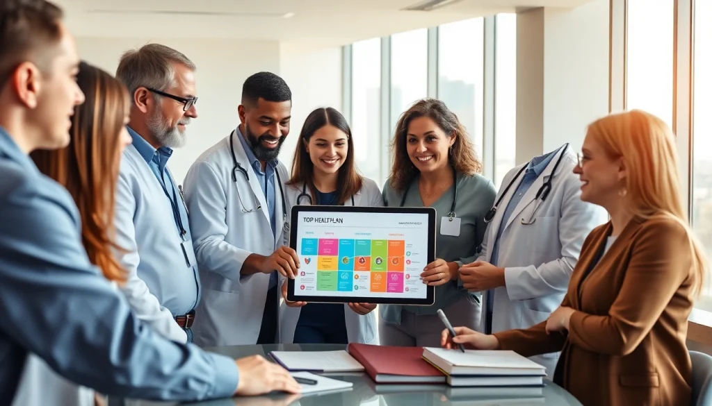 Healthcare professionals discussing the top health plan options at a modern office.