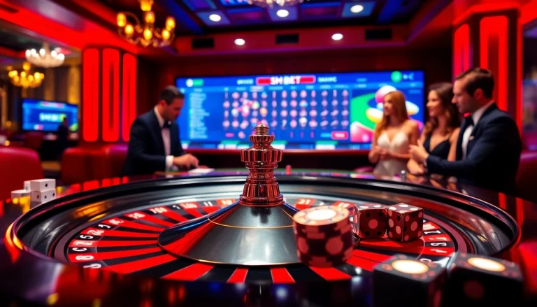 SHBET players enjoying a thrilling casino experience with roulette and poker in a luxurious setting.