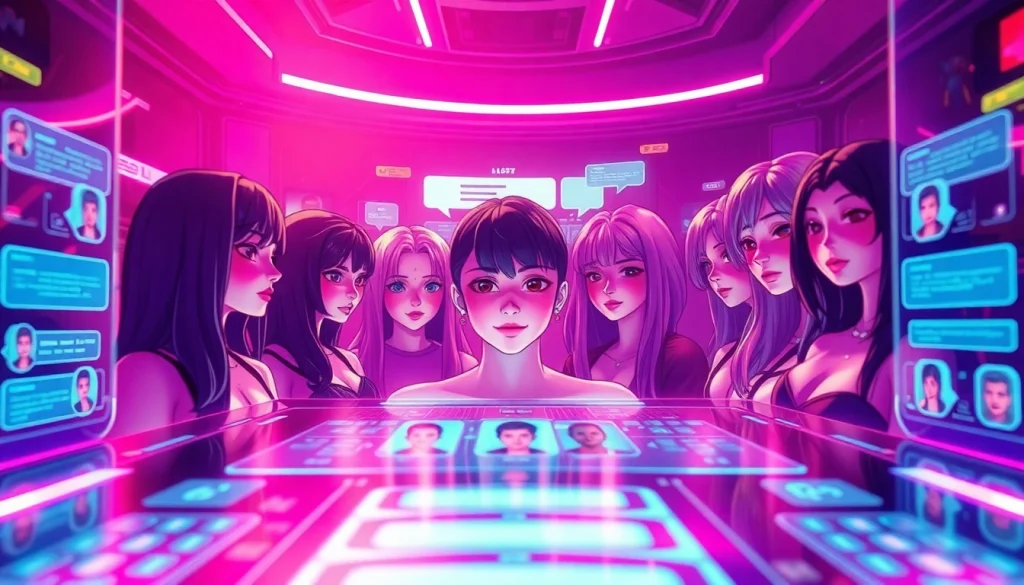 Customizable NSFW character avatars in a futuristic digital chat interface.