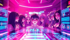 Customizable NSFW character avatars in a futuristic digital chat interface.