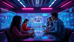 Engaged users exploring NSFW AI interactions in a futuristic digital workspace.