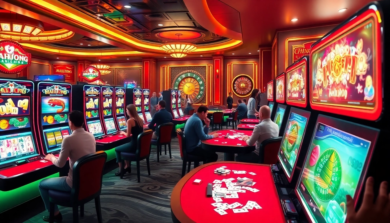 Engage in the thrilling mahjong slot demo experience with vibrant machines and excited players in a luxury casino setting.