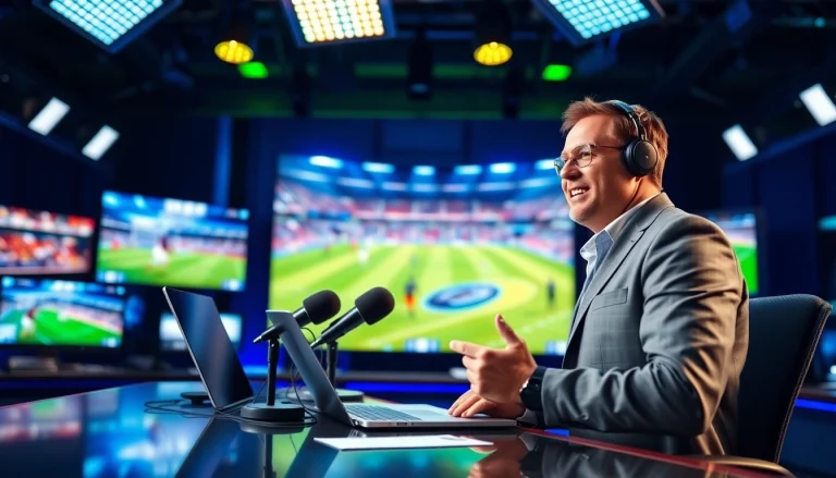 Dynamic sports broadcasting scene showcasing an energetic announcer and live sports action.