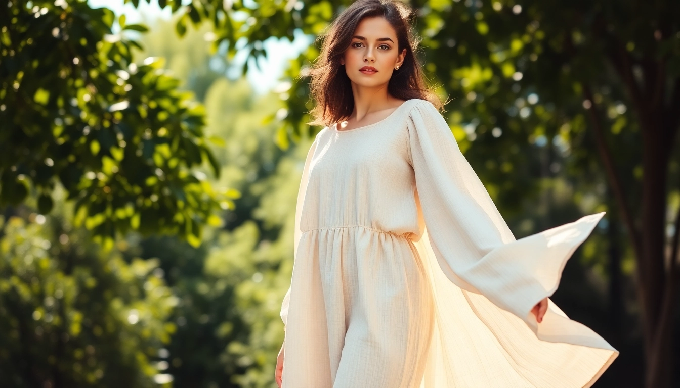 Model met linnen jurken in een zonovergoten, groene omgeving.