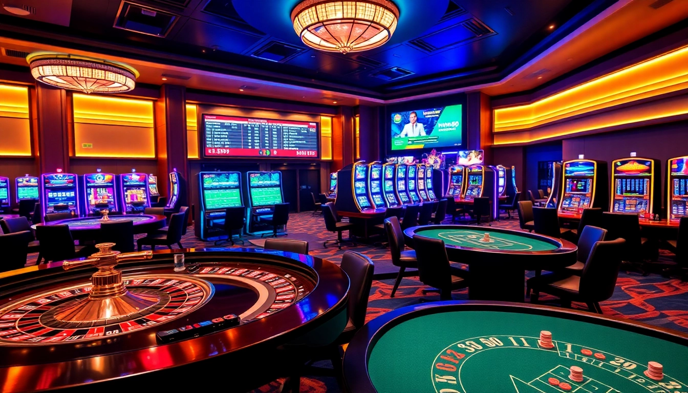 Engaging MM 88 online casino scene with luxurious gaming tables and vibrant slot machines.