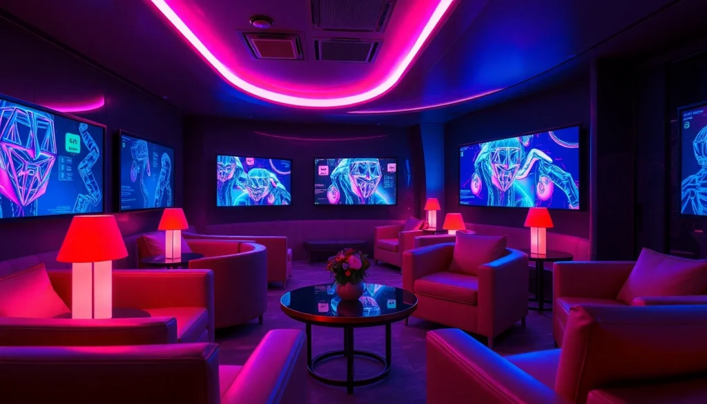 Futuristic interactive AI lounge showcasing AI NSFW content with rich colors and ambient lighting.