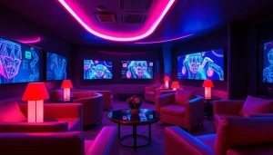 Futuristic interactive AI lounge showcasing AI NSFW content with rich colors and ambient lighting.