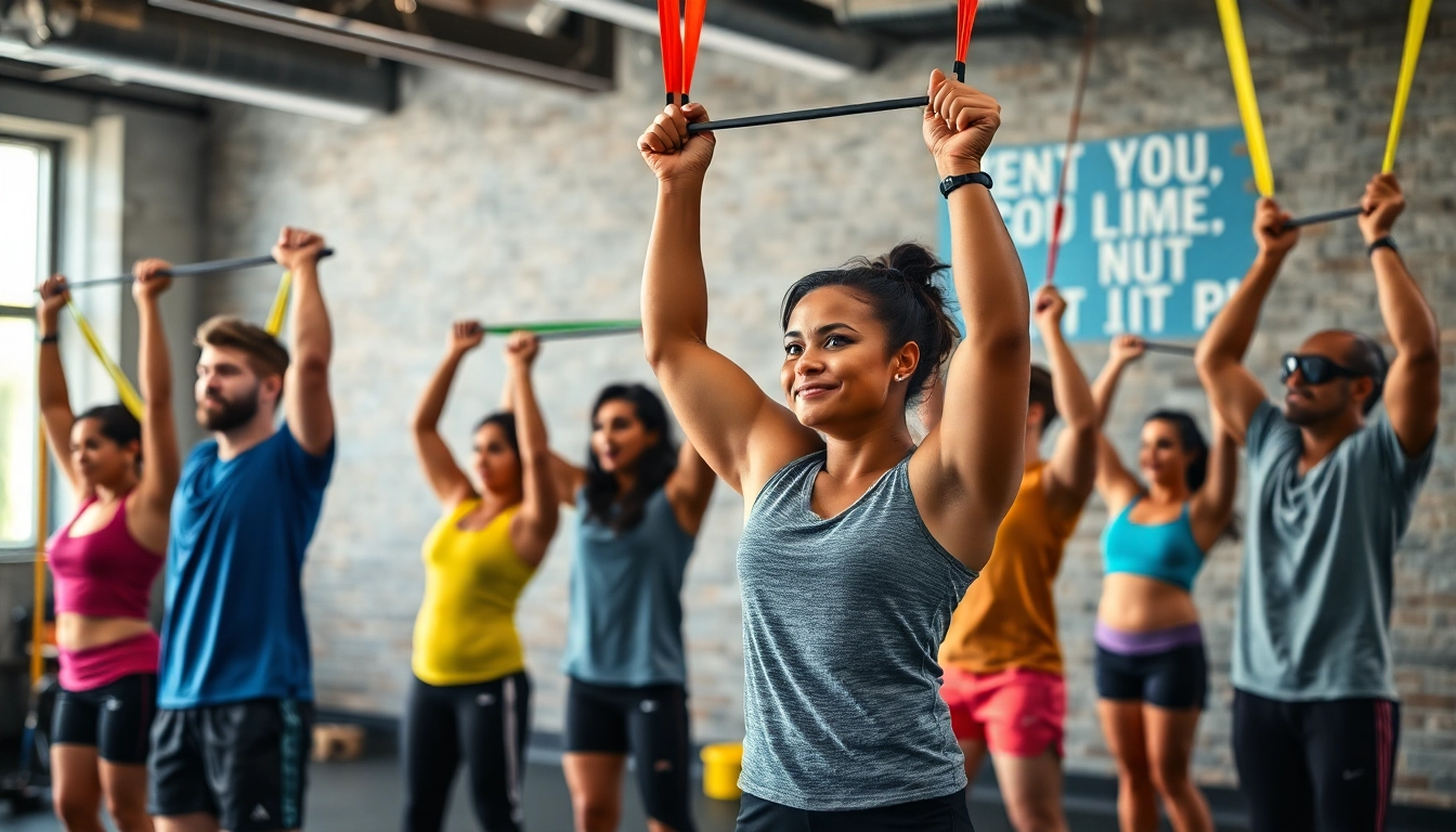 Dynamic scene of individuals using stretch bands for pull-ups in a vibrant gym.
