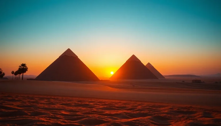 Explore the majestic pyramids of Giza, showcasing their ancient architecture under golden sunlight.
