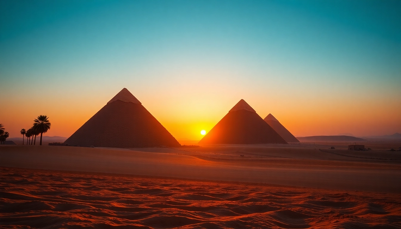 Explore the majestic pyramids of Giza, showcasing their ancient architecture under golden sunlight.