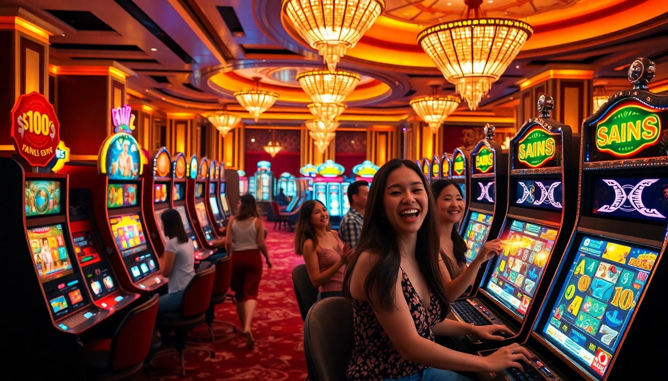 Players enjoying idnslot games in a vibrant casino with colorful slot machines.