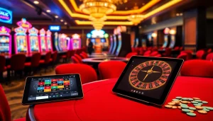 Experience KJC casino excitement with vibrant slot machines and a modern poker table.