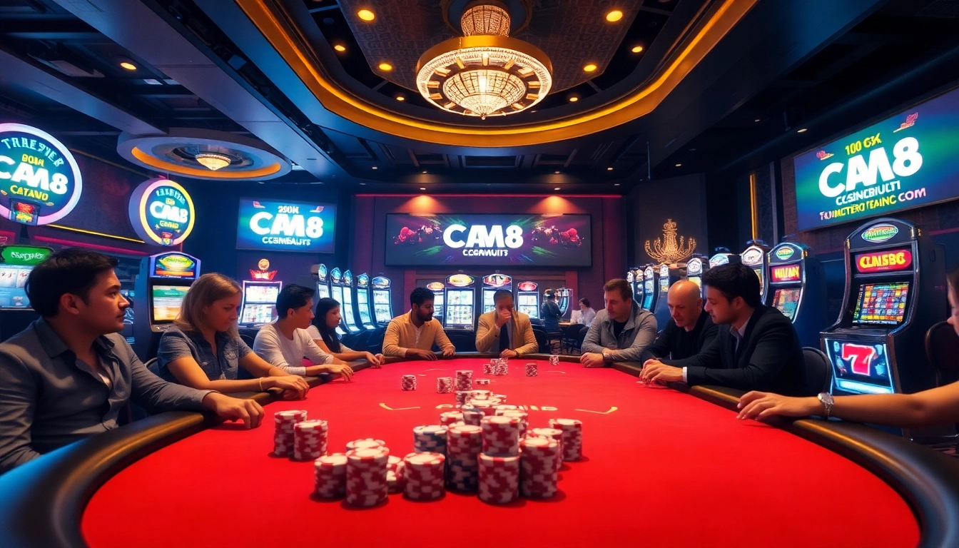Engaging players at cm88 com celebrating a winning hand at a poker table in a luxurious casino.