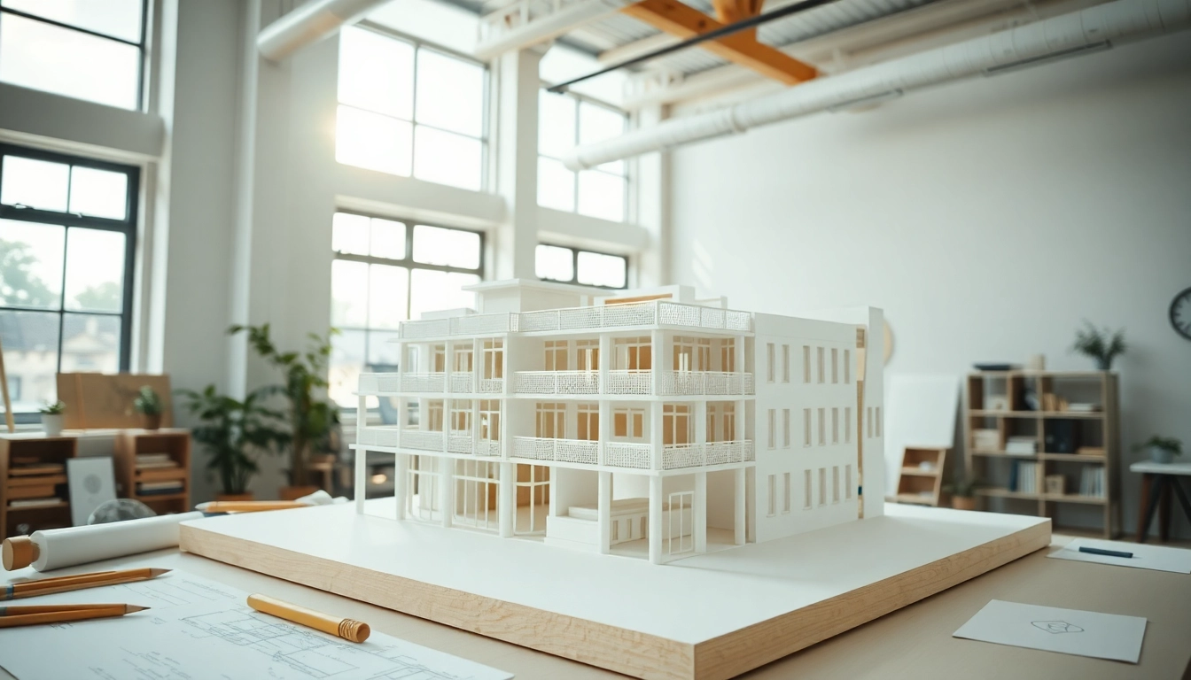 Architekturmodellbau Kiel - Ein detailliertes Architekturmodell in einem modernen Studio mit klaren Linien.