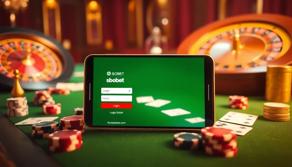 Engaging sbobet login interface on mobile amidst an exciting casino atmosphere with roulette and chips.
