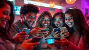 Enjoying a mobile porn game in a vibrant café setting, capturing diverse gamers engaged in their devices.