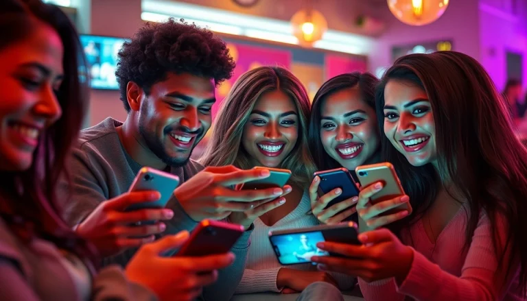 Enjoying a mobile porn game in a vibrant café setting, capturing diverse gamers engaged in their devices.