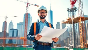 A skilled New York Construction Manager reviewing plans on a bustling job site in Manhattan.