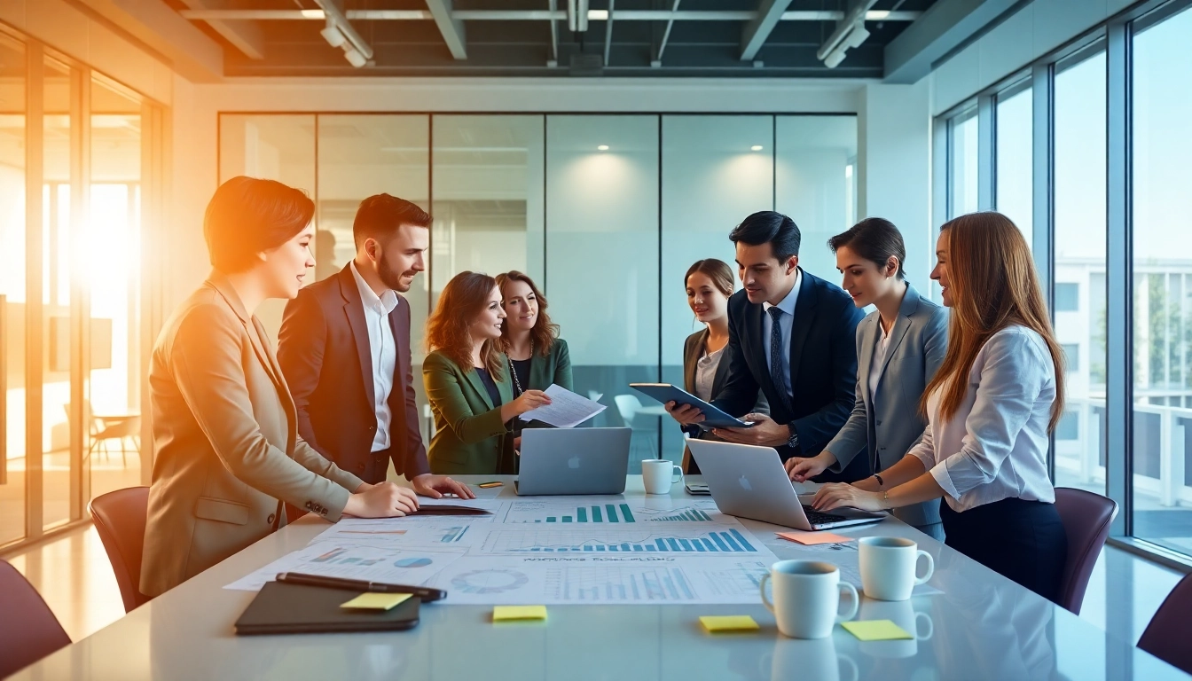 Explore growth strategy trends with professionals brainstorming over business graphs in a modern office.