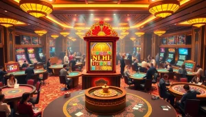 Engaging scene of players enjoying nổ hũ slot machines in a luxurious casino setting.