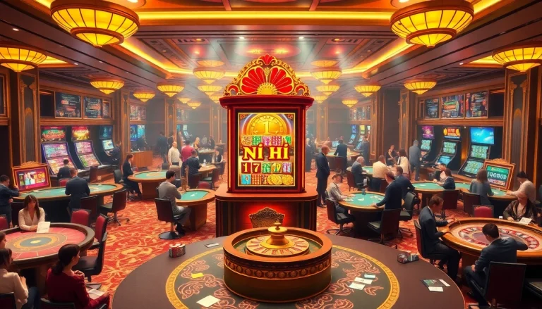 Engaging scene of players enjoying nổ hũ slot machines in a luxurious casino setting.